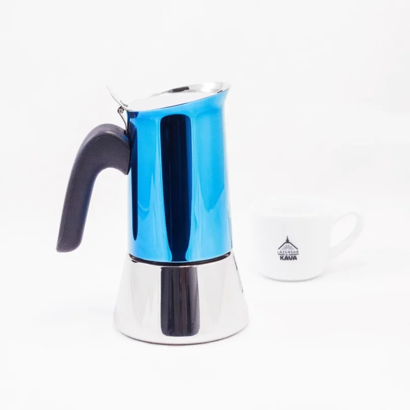 Bialetti New Venus Blue moka pot for 4 cups, suitable for induction heating.