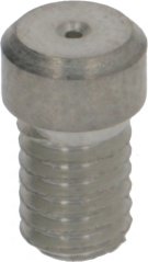Düs M4 Lach Ø 0,6 mm, kleng Metalldüs mat Gewand an enger schmueler Duerchgangsbohrung an der Mëtt vum Kapp.