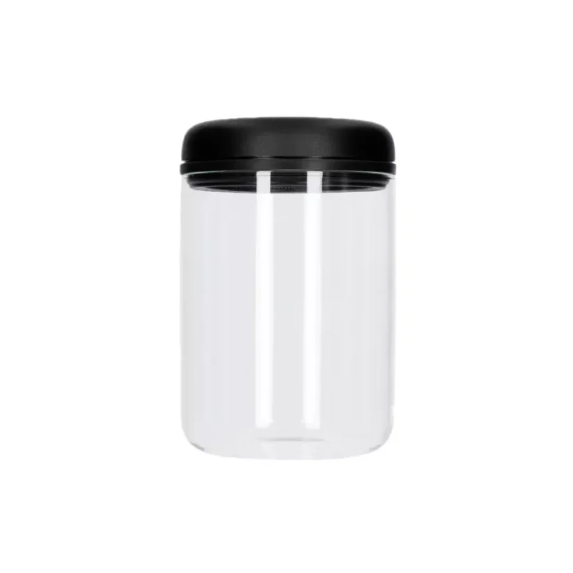 Transparent jar for coffee and tea with a capacity of 1200 ml and a black lid.