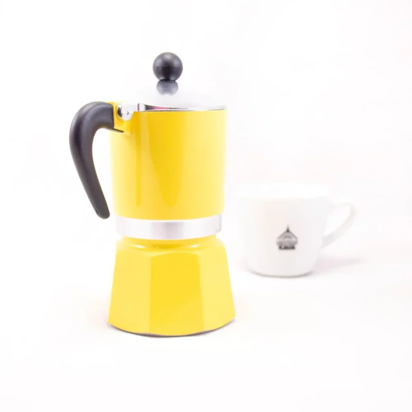 Yellow Bialetti Rainbow 3 moka pot for making up to 3 cups of coffee.