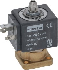 Elektromagnéitescht Ventil Parker mat schwaarzer Spull, engem Schlauchstutz uewen a messege Kierper Elektromagnéitescht Ventil Parker mat schwaarzer Spull, engem Schlauchstutz uewen a messege Kierper