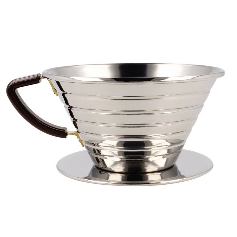 Caffettiera a goccia Kalita 185 in acciaio inox per la preparazione di caffè filtro.