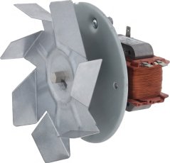 Komplette Radialventilator mat Metallschaufelen op der Motorwell a sichtbarer Kupferwénkelung.