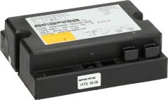 Kontrolmodul CM11 an engem schwaarze Plastiksgehäis mat engem Brahma-Label, zwee Steckverbinder a Bohrungen fir Elektroden Kontrolmodul CM11 an engem schwaarze Plastiksgehäis mat engem Brahma-Label, zwee Steckverbinder a Bohrungen fir Elektroden
