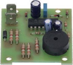 Alarm-Leiterplack mat Komponenten, engem Chip, Kondensatoren an engem schwaarzen Buzzer, vu uewen gesinn. Alarm-Leiterplack mat Komponenten, engem Chip, Kondensatoren an engem schwaarzen Buzzer, vu uewen gesinn.
