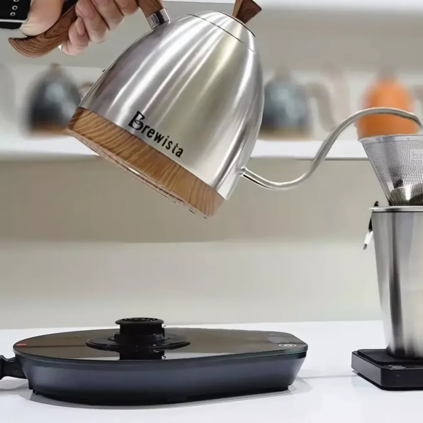 Electric kettle in luxurious silver finish with wooden accents.