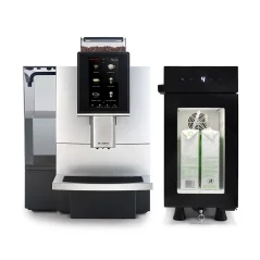 Professional automatic coffee machine Dr. Coffee F12 Big Plus in silver, capable of preparing hot milk.