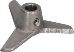 Gegossene Metallmesser vum Mixer mat zwee gebéinte Flilleken an engem zylindresche Zentrum mat engem Lach an engem Klemmschrauf.