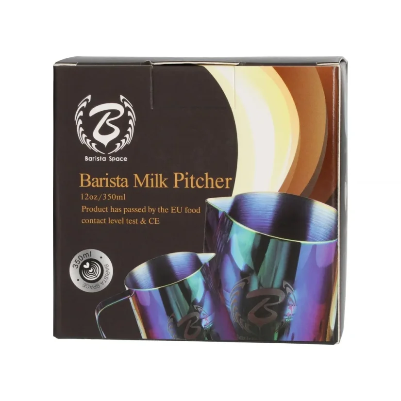 Stainless steel rainbow milk pitcher with a 350 ml capacity in original packaging.