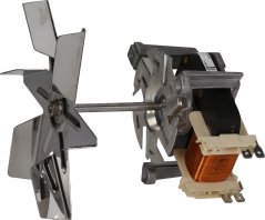 Elektromotor mat Metallventilator op enger méi laanger Achs a siichtbarer Kupferwéckelung.
