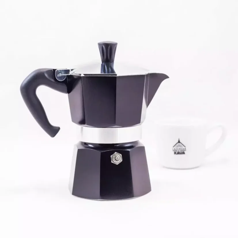Cafetière Moka Bialetti Moka Express noire pour 3 tasses, adaptée pour la source de chaleur vitrocéramique.