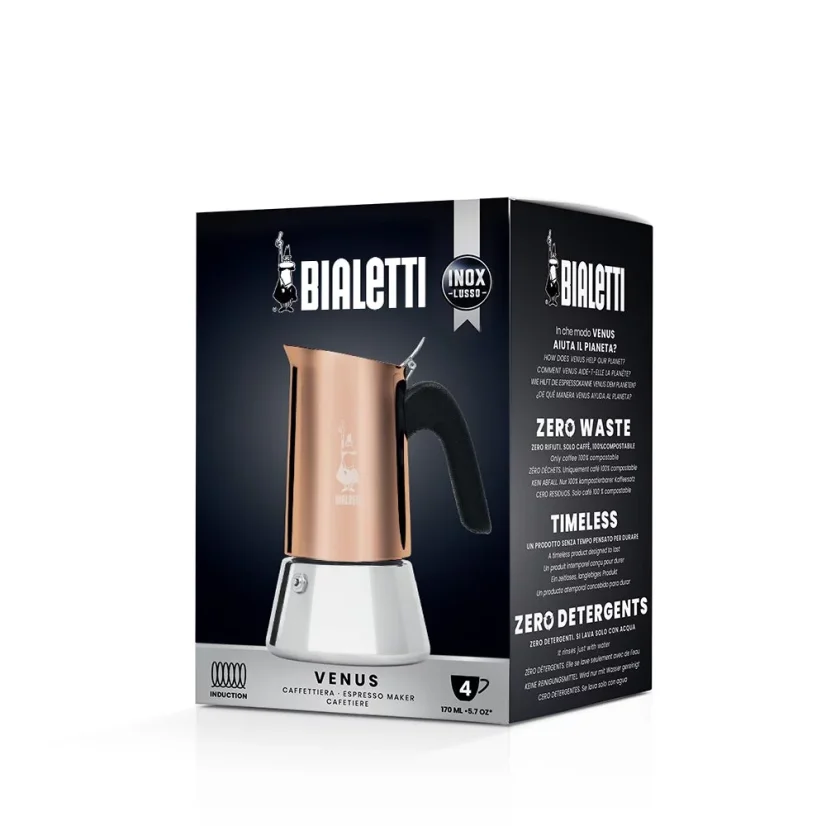 Bialetti New Venus moka pot for 6 cups in original packaging on a white background