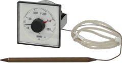 Quadratesche Paneel-Thermoregulator mat wäissem Ziffblat, schwaarzem Knapp an enger Kapillar mat Sonde.