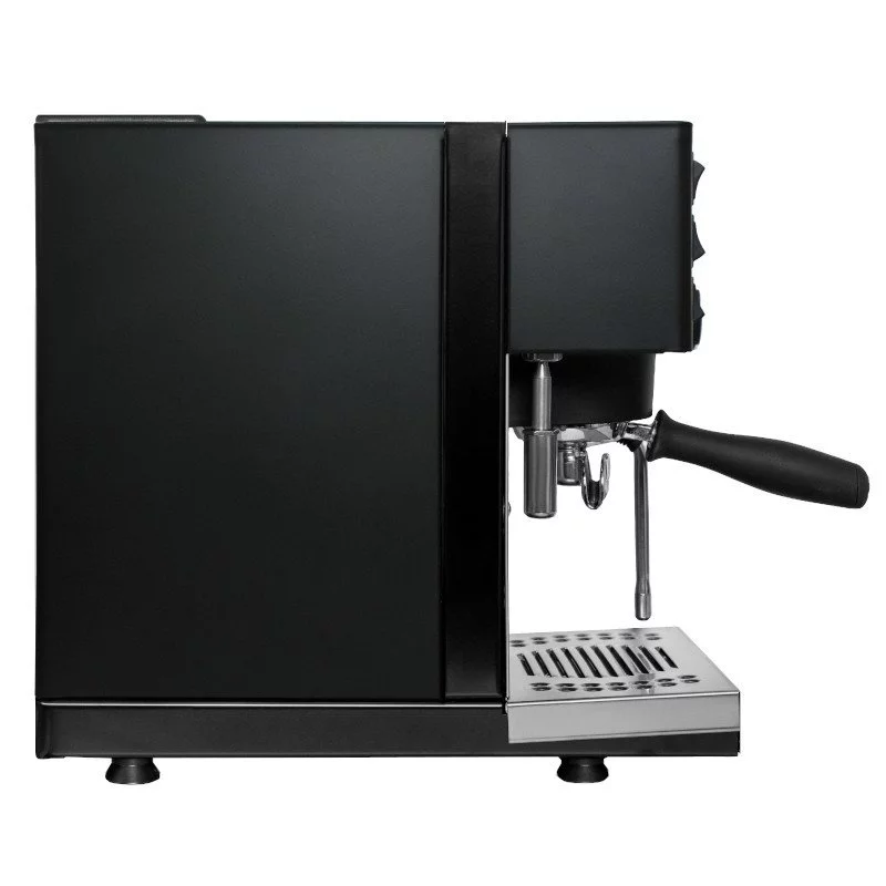 Left side of a black Rancilio espresso machine.