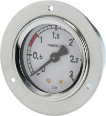 Ronnen Drockmanometer mat engem verchromte Montageflansch mat dräi Lächer, der Opschrëft MANOMETER an engem Zeeger. Ronnen Drockmanometer mat engem verchromte Montageflansch mat dräi Lächer, der Opschrëft MANOMETER an engem Zeeger.