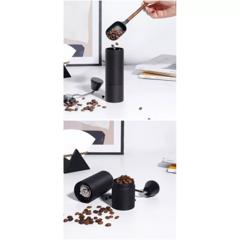 The Timemore C3 PRO black manual coffee grinder features conical grinding stones, ensuring high-quality and even coffee grinding.