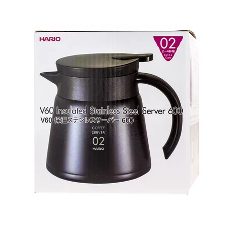 Pikhet à café isolé Hario V60-02 de couleur noire en acier inoxydable d'une capacité de 600 ml.