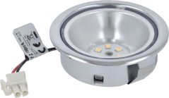 Ronn verchromt Luucht mat LED-Luuchten an enger wäisser Steckverbindung um Kabel.