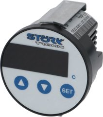 Elektronesche Thermostat ST64-31.10 PTC, ronnt Reguléierungsgerät Störk-Tronic mat engem Display an dräi Knäppercher.