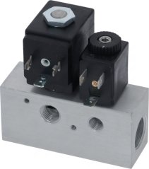 Elektromagnetesch Ventil fir Loft/Gas 1/2" 230V 50Hz, mat Aluminiumskierper a zwou schwaarze Plastikspullen.