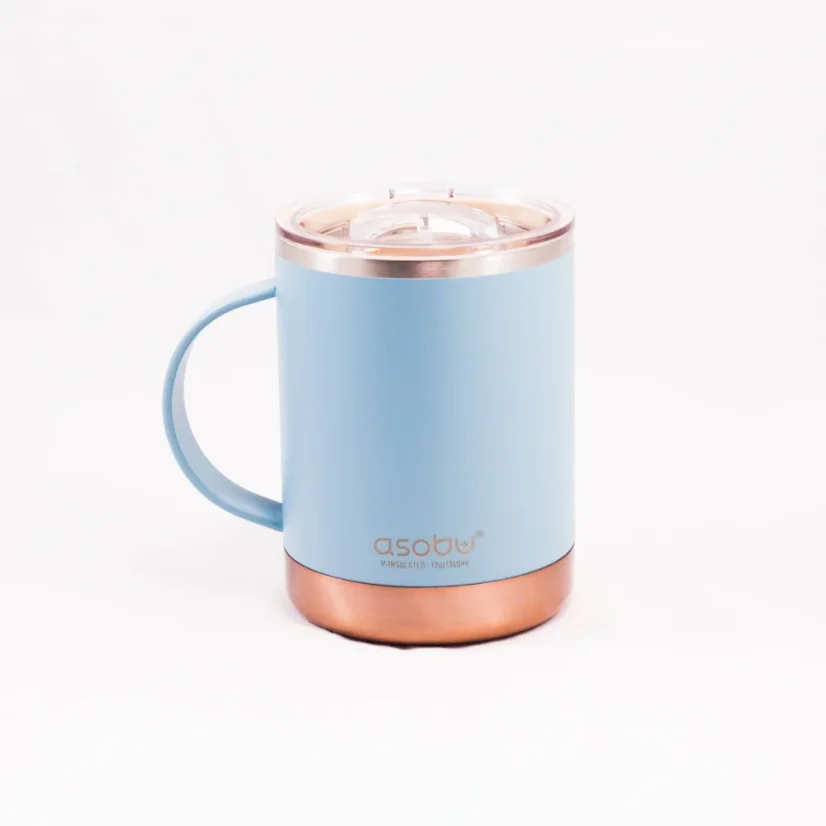 Blauer Thermobecher Asobu Ultimate Coffee Mug 360 ml, ideal für das Reisen mit Kaffee.