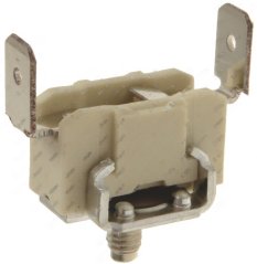 Kontaktthermostat mat engem beigem Gehäus, zwee Metallkontaktzunge an enger Befestegungsschrauf an der Mëtt.