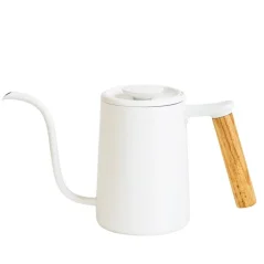White gooseneck kettle Timemore Fish Youth with a capacity of 0.7 liters and a wooden handle.