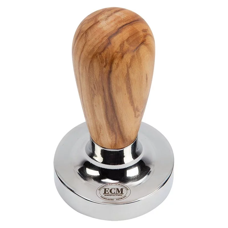 ECM tamper with an olive wood handle.