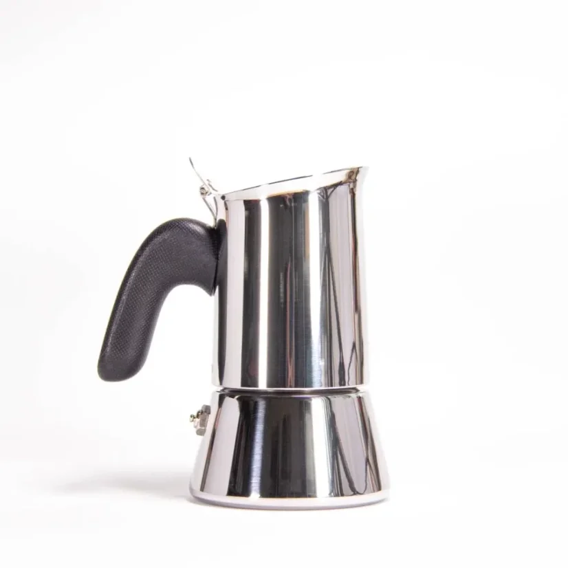 View of the back of a silver moka pot with a black handle.