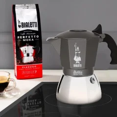 Bialetti Brikka Induction kettle in use on an induction hob. Bialetti Brikka Induction kettle in use on an induction hob.