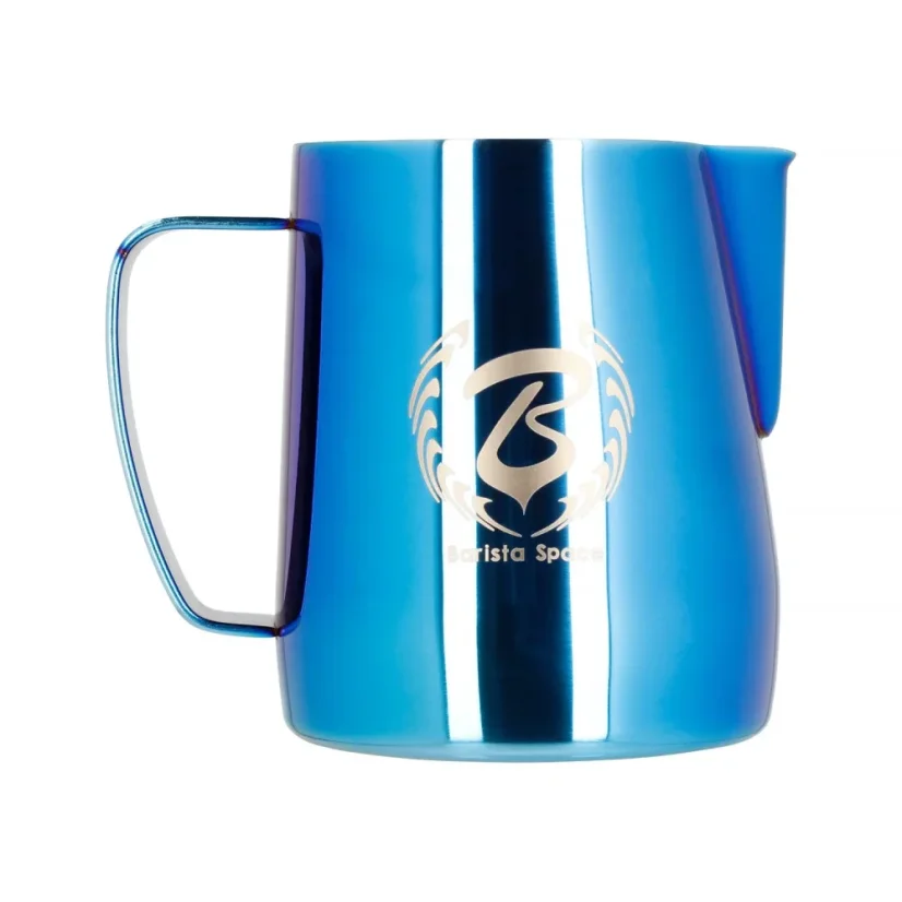 Blue Barista Space milk frothing pitcher.