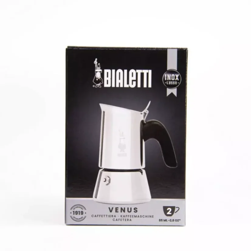 Bialetti New Venus Mokkakanne Silber für 2 Tassen in Originalverpackung auf weißem Hintergrund.