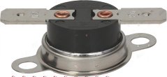 Kontakttethermostat mat rondem schwaarze Kierper, zwee Messengkontakten a Metallpatt mat Luecher fir d'Montage Kontakttethermostat mat rondem schwaarze Kierper, zwee Messengkontakten a Metallpatt mat Luecher fir d'Montage
