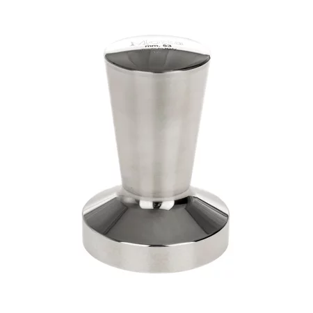 Tamper manuel pour café de 53 mm en finition argentée, idéal pour une utilisation professionnelle et domestique.