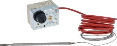 Metallgehäus vum Sécherheetsthermostat 180°C 1F mat engem schwaarze Dréiknäppchen an enger laanger rouder Kapillare mat engem Sensor um Enn.