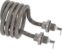 Spiralfërmeg opgerollte Heizelement mat zwee gewuente Messingenden mat Steckerkontakter niewenteneen.