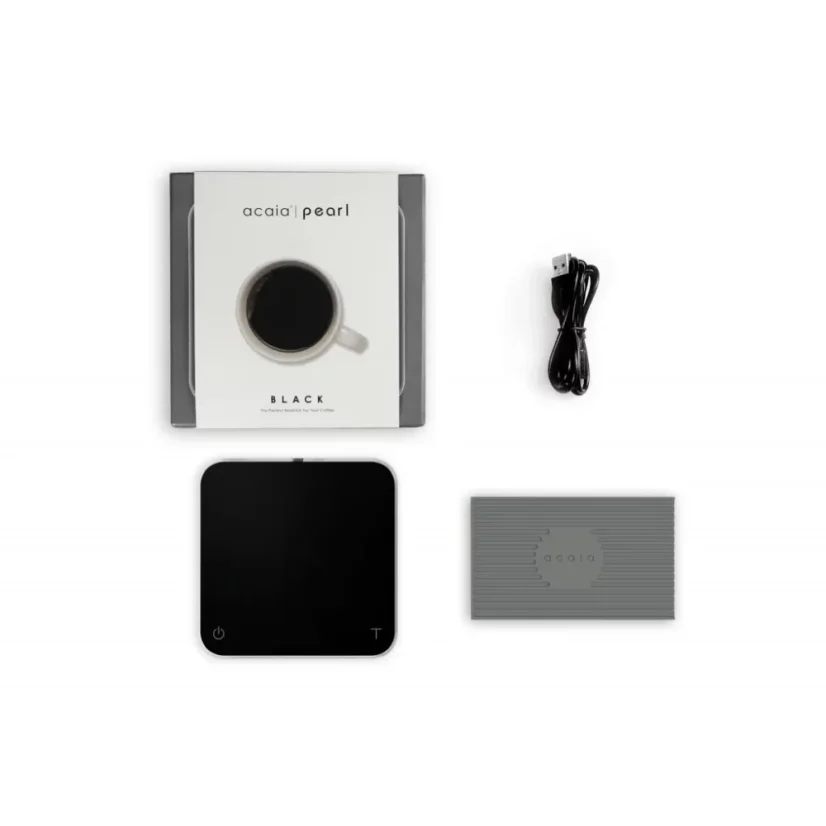 Acaia Pearl black are digital coffee scales that feature Flow ratio functionality for precise measurement during coffee preparation.