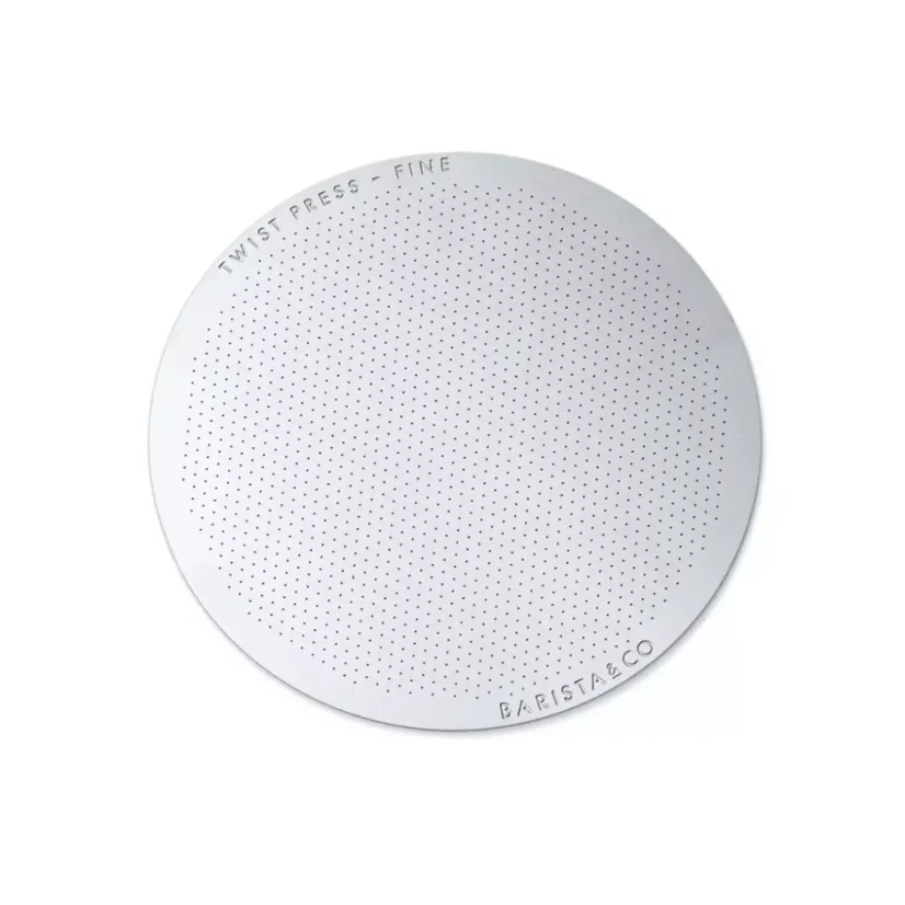 Stainless steel Twist Press filter by Barista CO designed for durability and repeated use.