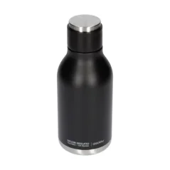 Schwarze Edelstahlflasche Asobu Urban Water Bottle mit einem Fassungsvermögen von 460 ml, ideal für Reisen.