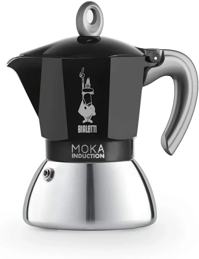 Cafetera moka de aluminio compatible con inducción con capacidad para dos tazas y logo del fabricante, la empresa italiana Bialetti.
