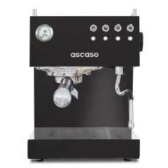 Kotikäyttöön tarkoitettu Ascaso Steel UNO Black -kahvikone ruostumattomasta teräksestä valmistetulla boilerilla, ihanteellinen espresson valmistukseen.