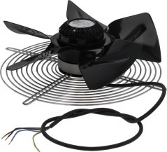 Axialventilator mat schwaarze Schaufelen, engem Metalldrahtgitter an Uschlossdrähter.