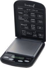 Digital Kaffiswaag mat opgemaachtem schwaarze Deckel, engem Display, Knäppercher an engem Opdrock mat der Gebrauchsanleitung. Digital Kaffiswaag mat opgemaachtem schwaarze Deckel, engem Display, Knäppercher an engem Opdrock mat der Gebrauchsanleitung.
