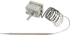 Thermostat mat engem beige Kierper an engem schwaarze Kapillarkabel déngt zu enger Spiral opgerullt, dat an enger laanger dënner Sond ophält.