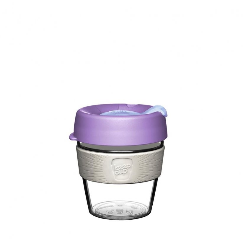 Keepcup plastic coffee cup with purple lid.