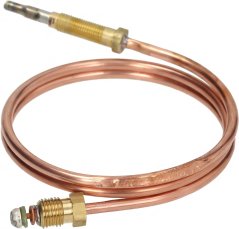 Thermoelement mat enger opgeréidelter Kupferleedung, enger laanger Messing-Gewëndehülls, engem Bolzespëtzt an enger Schraufkupplung mat enger Scheif.