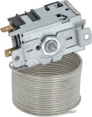 Thermostat Brema 23421, mat Metallkëscht, Montagegrëffer, enger Messengschrauf an enger laanger gedréinter Kapillar Thermostat Brema 23421, mat Metallkëscht, Montagegrëffer, enger Messengschrauf an enger laanger gedréinter Kapillar