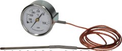 Wäisse Fernthermometer mat enger Skala vun 50 bis 350 °C an engem geflochtene Kupferkabel mat enger Sond.