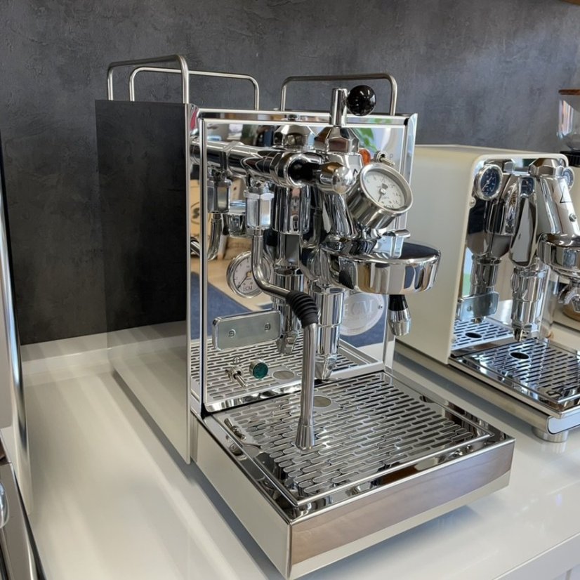Silver ECM Mechanika V Slim home lever espresso machine in an elegant design.