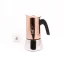 Bialetti New Venus moka pot for 6 cups on a white background with a cup of coffee